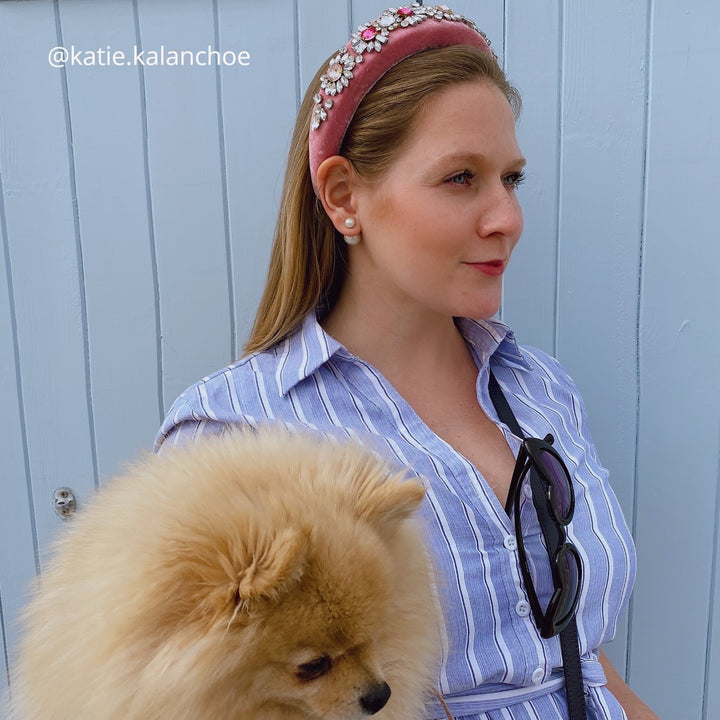 pink jewelled headband for summer worn by katie kalanchoe