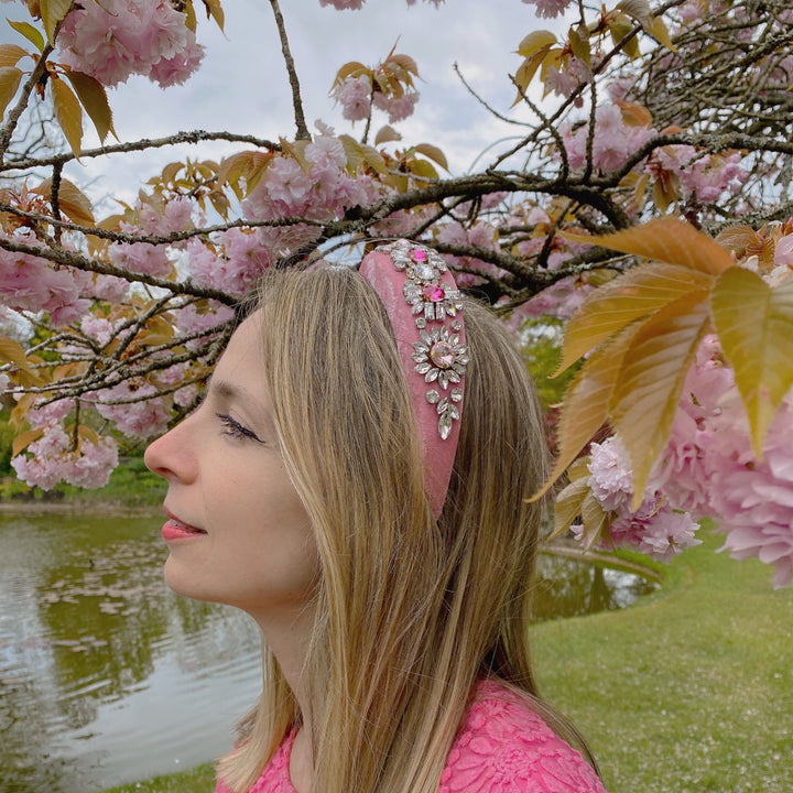 pink jewelled headband for wedding guest