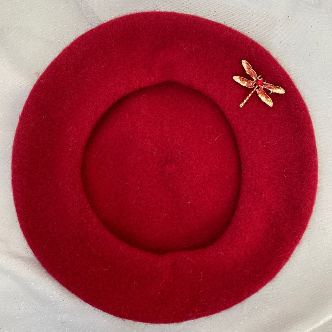 red beret red vintage hat dragonfly brooch