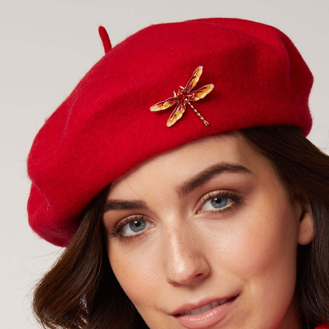 Red beret, vintage 1940s style hat, dragonfly brooch accessory