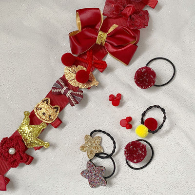 red girls hair clips ribbon gift set