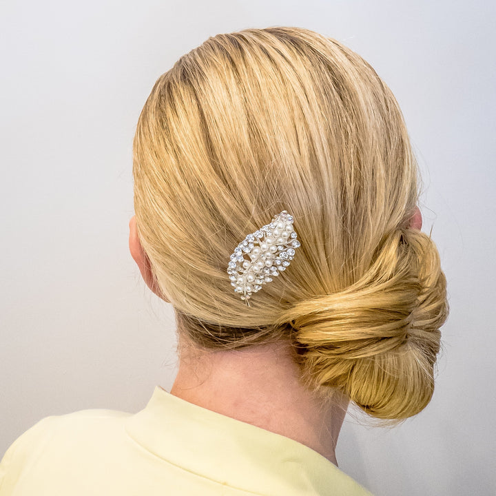 silver pearl hair clip diamante in wedding guest hair, Wedding Pearl Hair Clip, Silver pearl Hair Clip, Silver Diamante Hair Clip, Pearl Bridal Hair Clip, Diamante Bridal Hair Clip, Silver Pearl Hair Clip