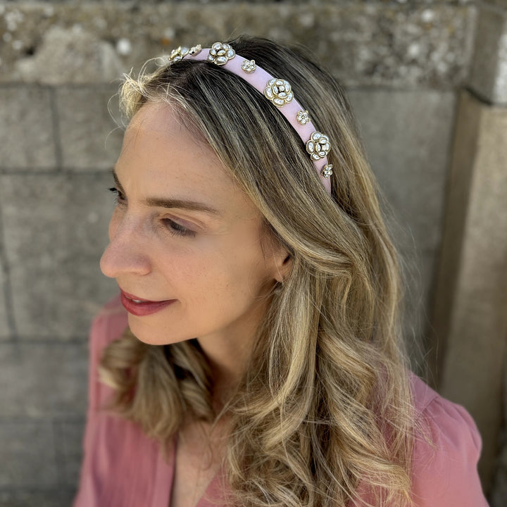 Baby Pink Pearl Flower Thin Headband, Pink Pearl Headband, Pink Flower Headband, Pink Thin Headband,Pink Pearl Headpiece, Pink Bridesmaid Headband