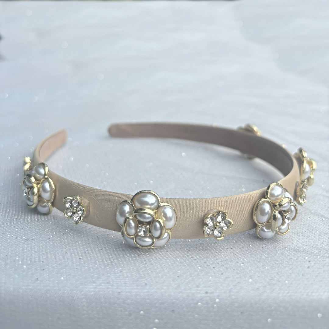 Beige Pearl Flower Thin Headband, Beige Pearl Slim Headband, Pearl Flower Headband, Slim Beige Headband, Beige Flower Headband, Flower Slim Headband, Pearl Slim Headband 