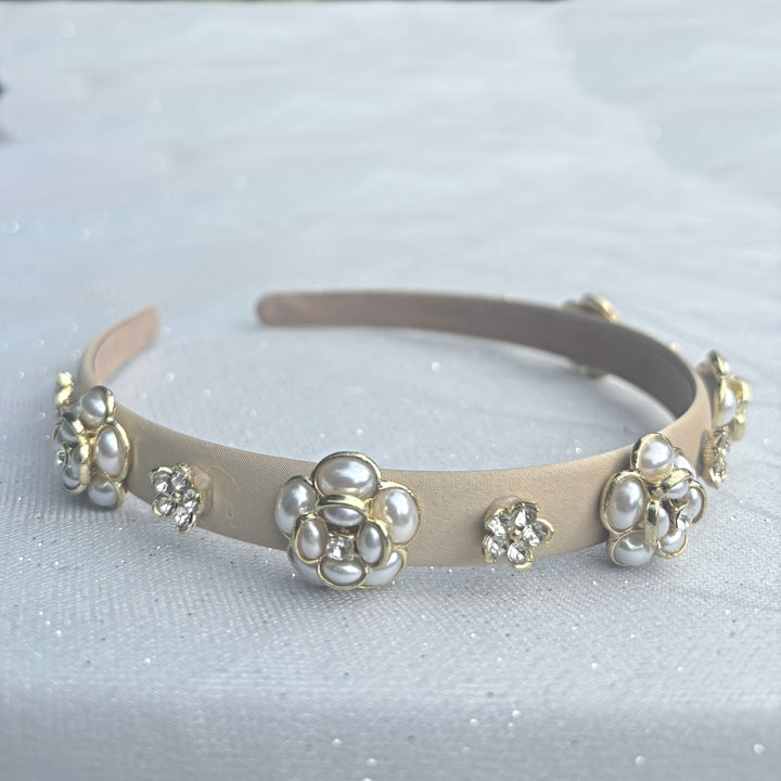 Beige Pearl Flower Thin Headband, Beige Pearl Slim Headband, Pearl Flower Headband, Slim Beige Headband, Beige Flower Headband, Flower Slim Headband, Pearl Slim Headband 