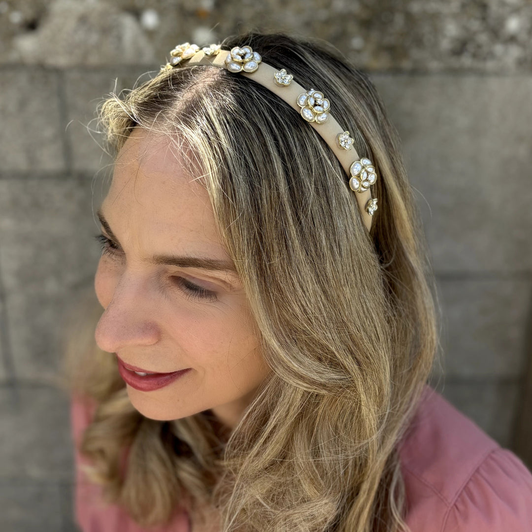 Beige Pearl Flower Thin Headband, Beige Pearl Slim Headband, Pearl Flower Headband, Slim Beige Headband, Beige Flower Headband, Flower Slim Headband, Pearl Slim Headband 