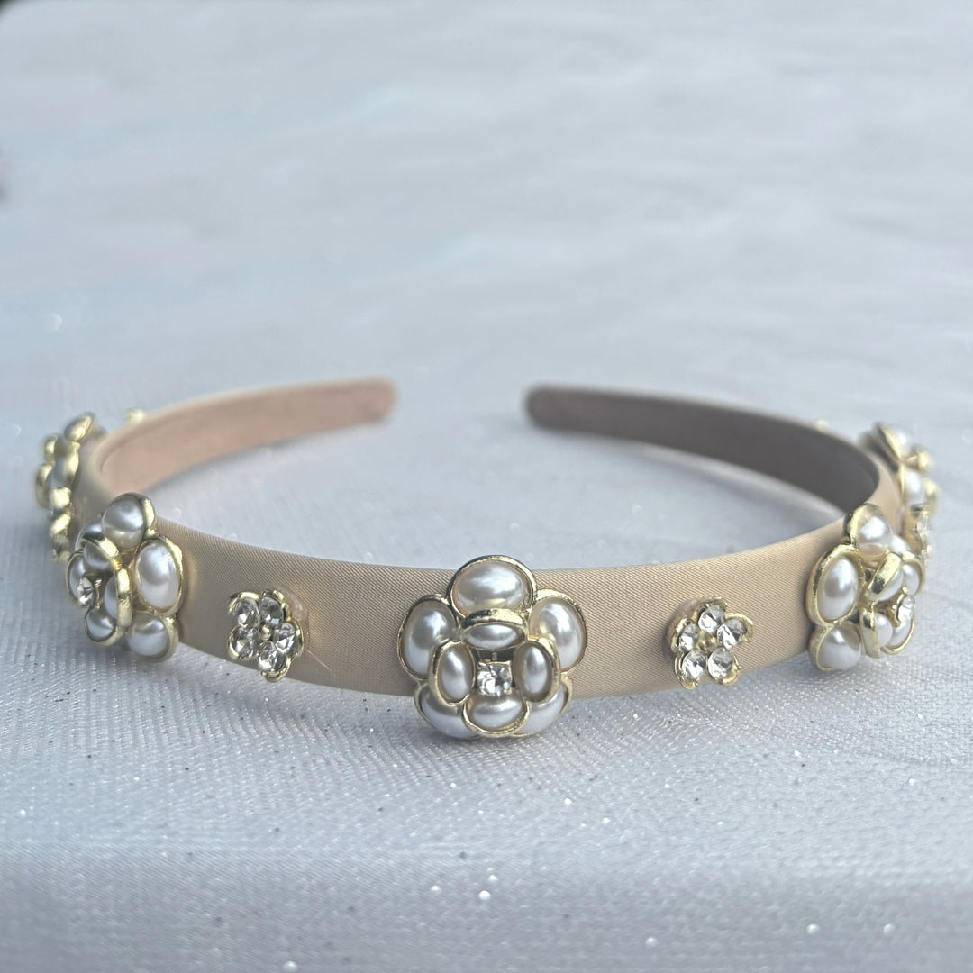 Beige Pearl Flower Thin Headband, Beige Pearl Slim Headband, Pearl Flower Headband, Slim Beige Headband, Beige Flower Headband, Flower Slim Headband, Pearl Slim Headband 