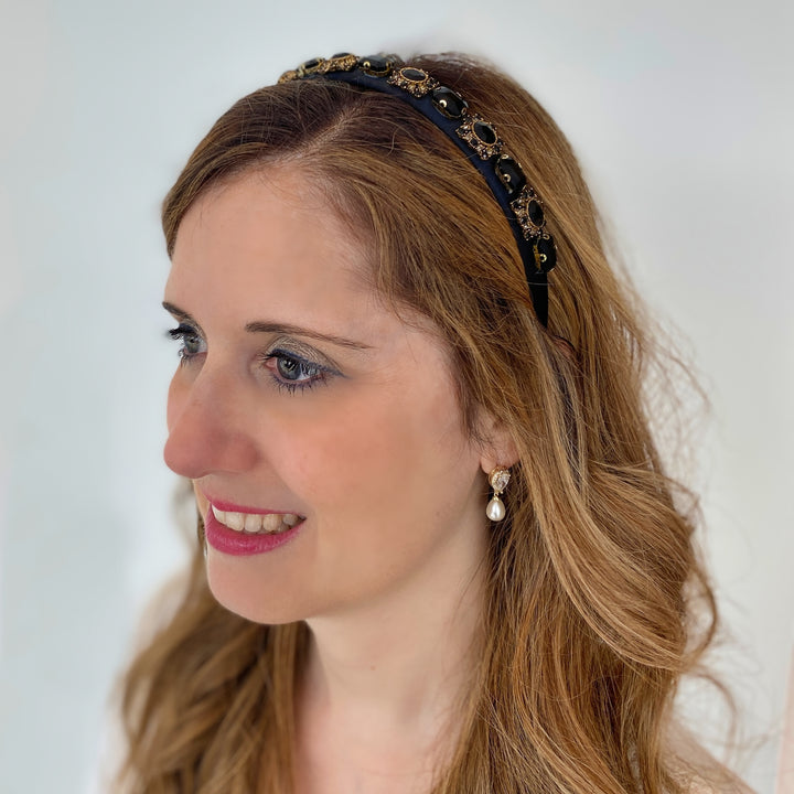 Black Gold Headband Slim with Gems Wedding Hair