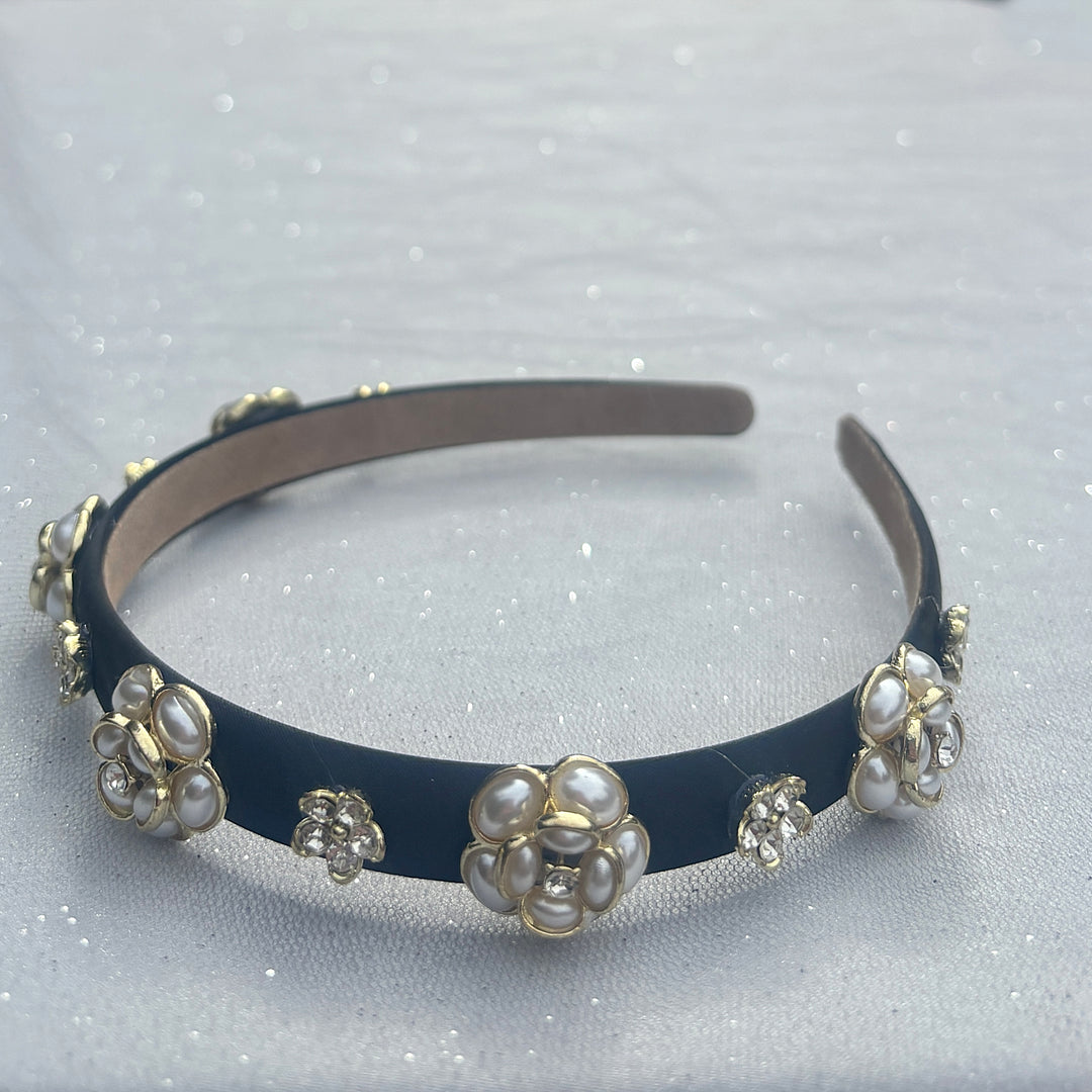 Black Thin Pearl Flower Headband, Delicate Black Headband With Pearls And Flowers, Elegant Floral Hair Accessory, Slim Pearl Hairband For Women, Vintage Inspired Black Headpiece