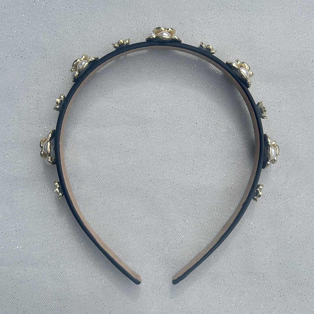 Black Thin Pearl Flower Headband, Delicate Black Headband With Pearls And Flowers, Elegant Floral Hair Accessory, Slim Pearl Hairband For Women, Vintage Inspired Black Headpiece