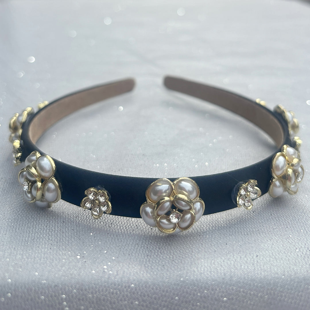 Black Thin Pearl Flower Headband, Delicate Black Headband With Pearls And Flowers, Elegant Floral Hair Accessory, Slim Pearl Hairband For Women, Vintage Inspired Black Headpiece