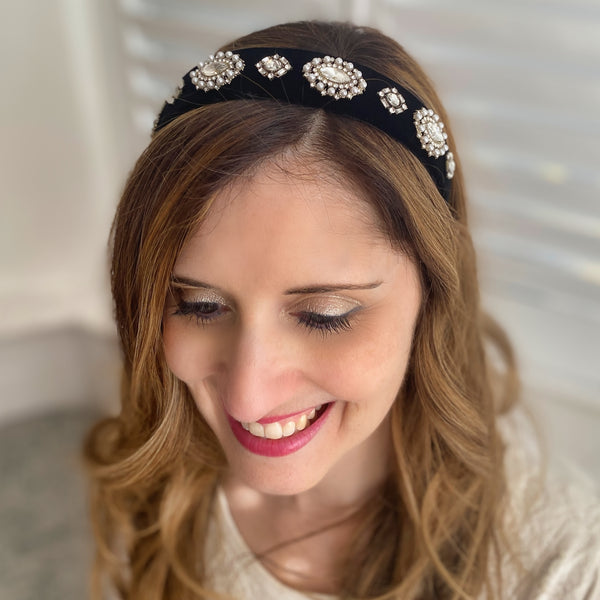 Black Pearl Headband Velvet Hair Band Vintage Inspired  display picture 2