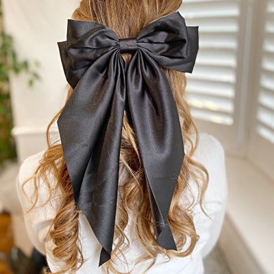 Black Satin Hair Bow Black Hair Clip Long Bow Styled
