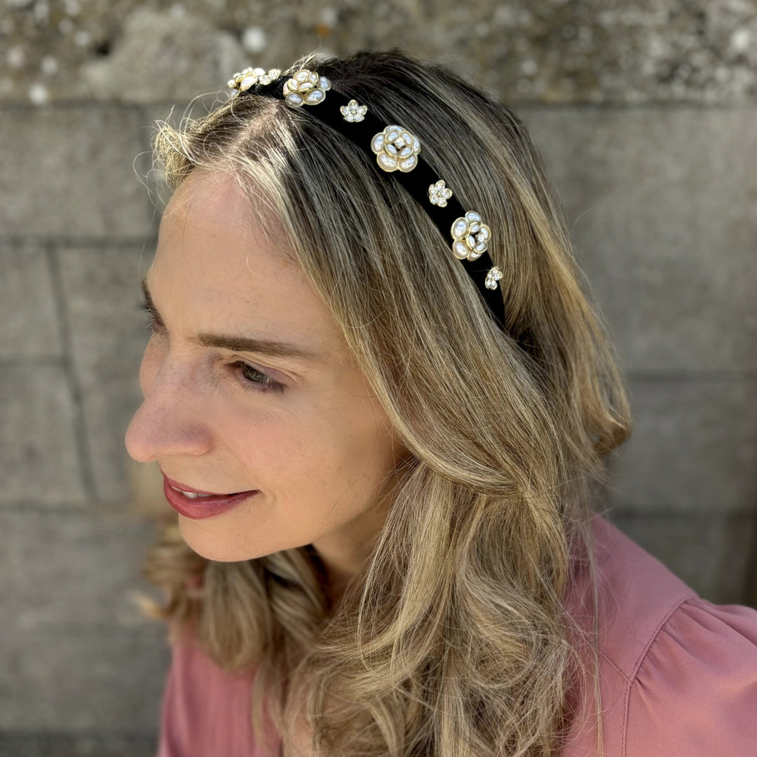 Black Thin Pearl Flower Headband, Delicate Black Headband With Pearls And Flowers, Elegant Floral Hair Accessory, Slim Pearl Hairband For Women, Vintage Inspired Black Headpiece
