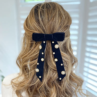 Black Velvet Bow Hair Clip with Jewels Hair Down