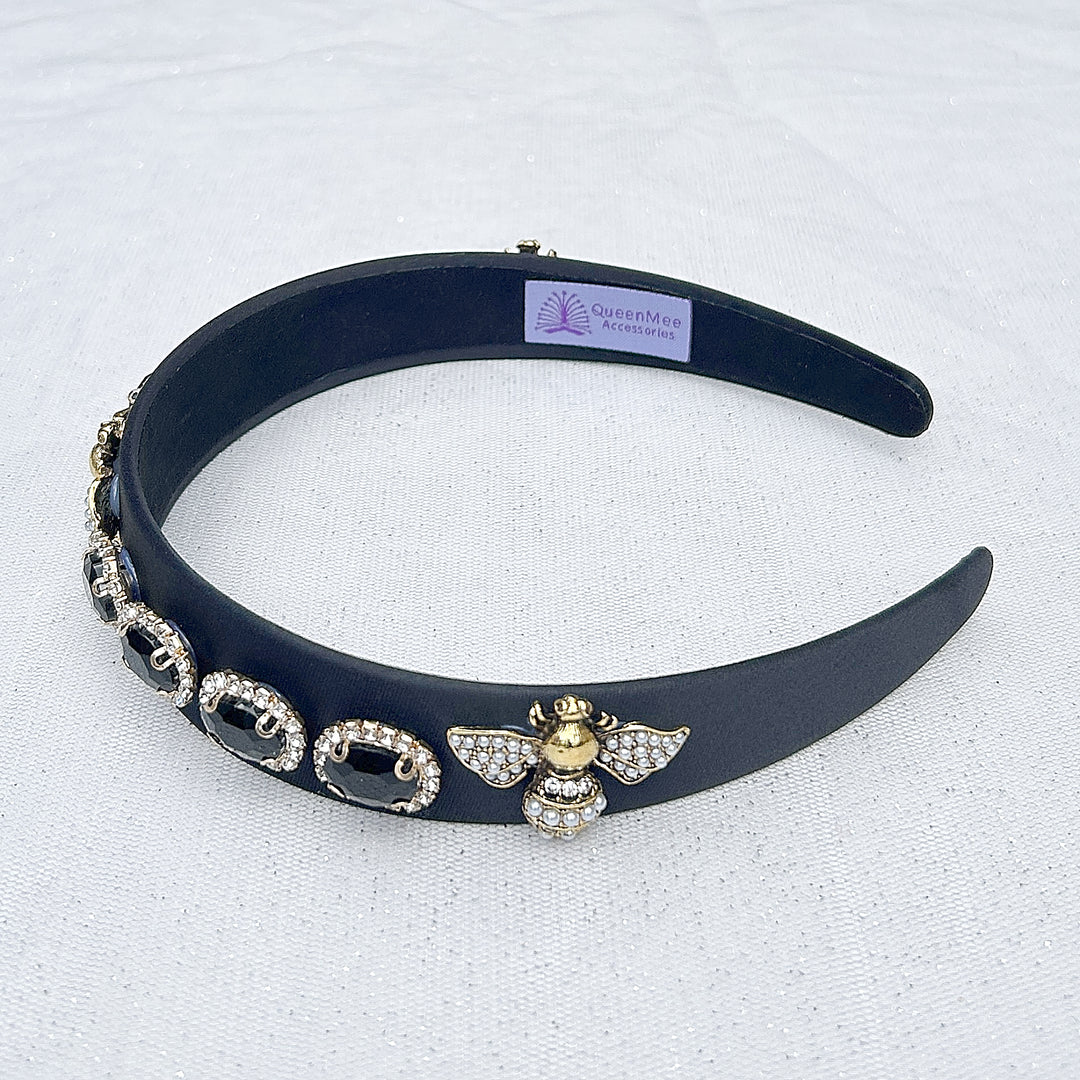 Black Embellished Headband Black Jewelled Headband with Bee Jewels alice band