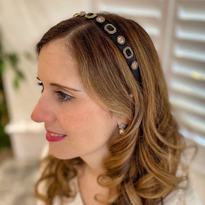 Black Hair Band Thin Headband Vintage Headband with Gems Hair Down