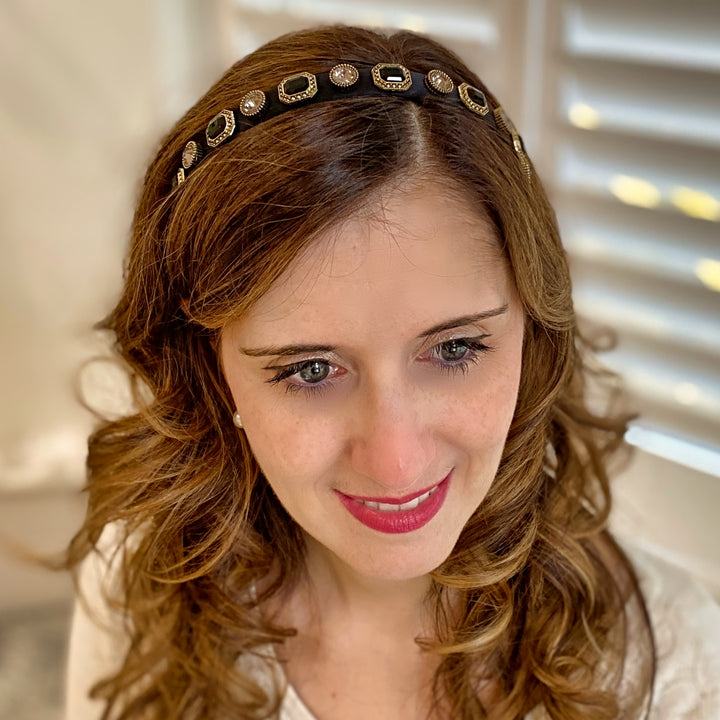 Black Hair Band Thin Headband Vintage Headband with Gems Wedding Guest