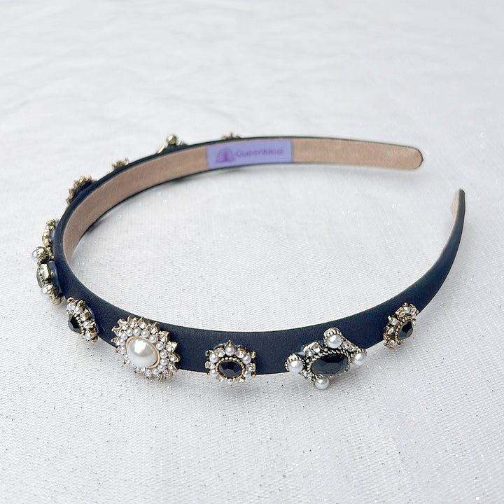 Black Headband Thin Hair Band with Pearls and Jewels