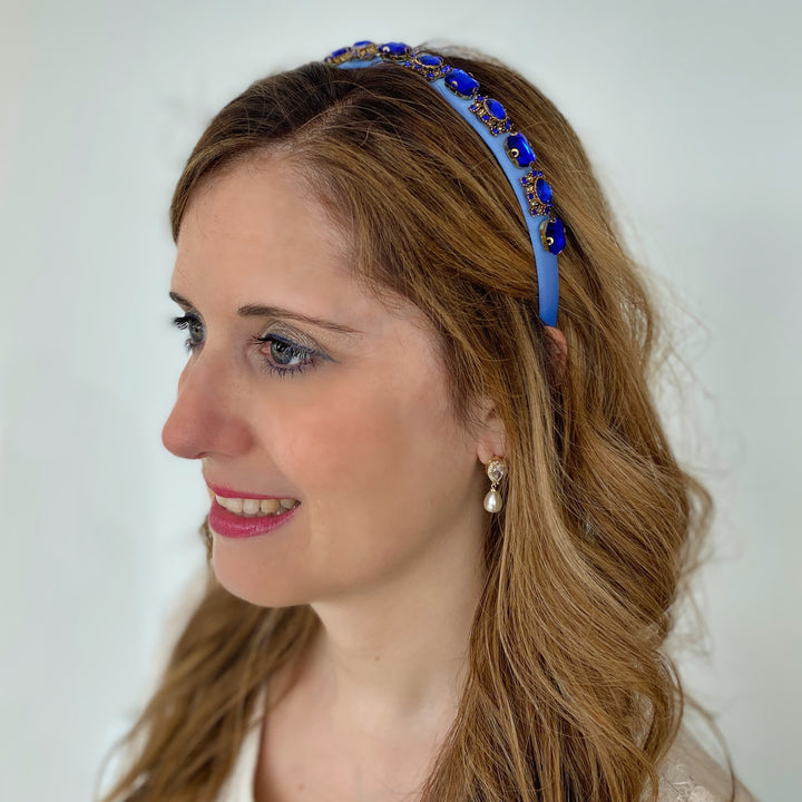 Blue Gold Headband Slim with Gems Wedding Hair