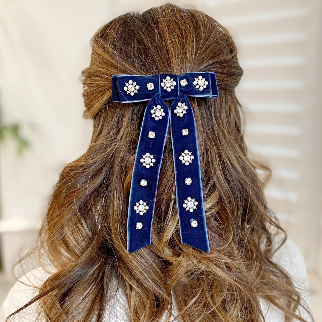 Blue Velvet Bow Hair Clip with Jewels Hair Down