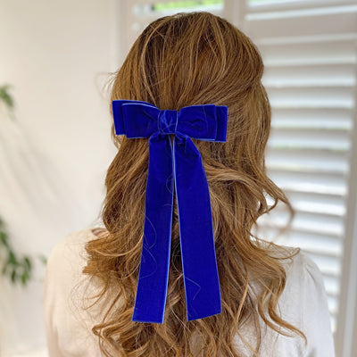 Blue Velvet Hair Bow Royal Blue Hair Clip Hair Down