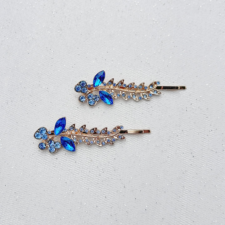 Blue hair slides blue hair clips crystal hair grips floral set of 2