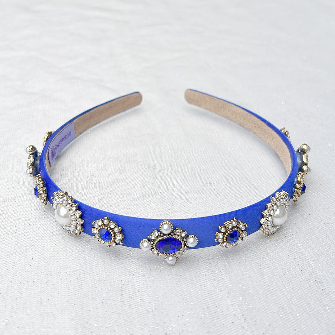 Blue Headband Blue Hair Band Thin Hair Band with Pearls and Jewels