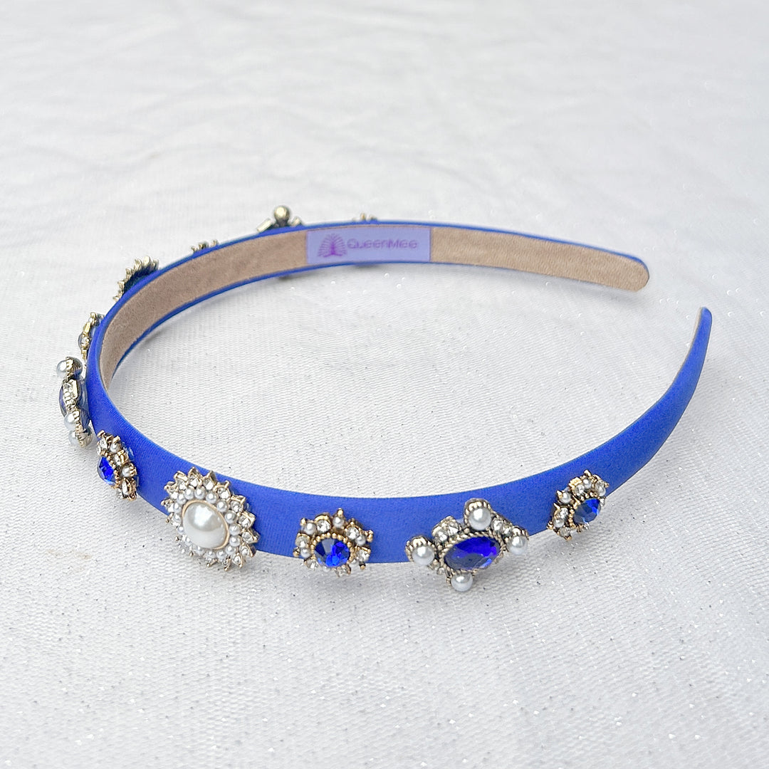 Blue Headband Thin Hair Band with Pearls and Jewels