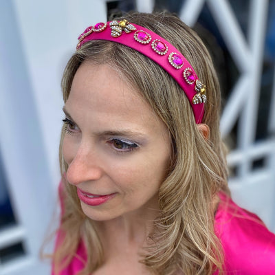 Bright Pink Headband Embellished Headband Jewelled Hair Band with Bee Jewels hair down