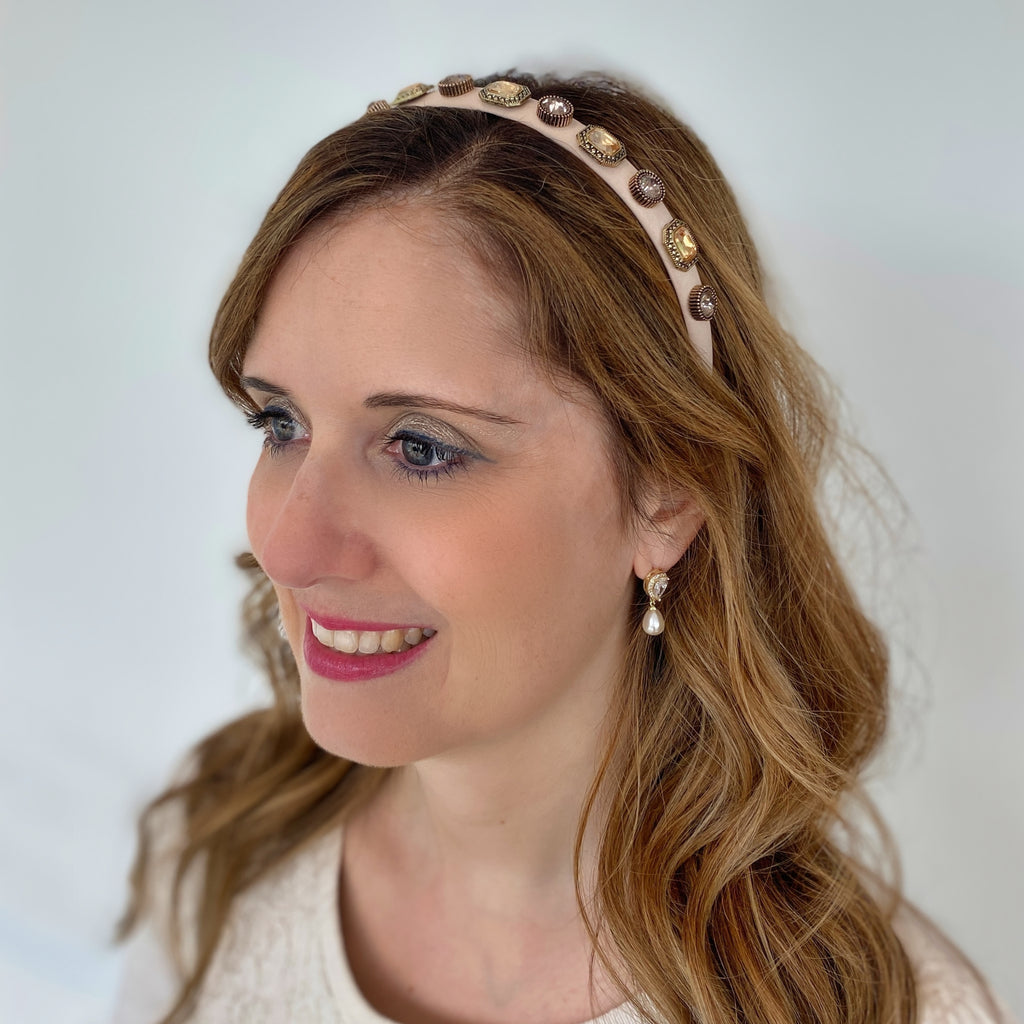 Cream Headband Cream Hair Band Vintage Headband with Gems  display picture 3