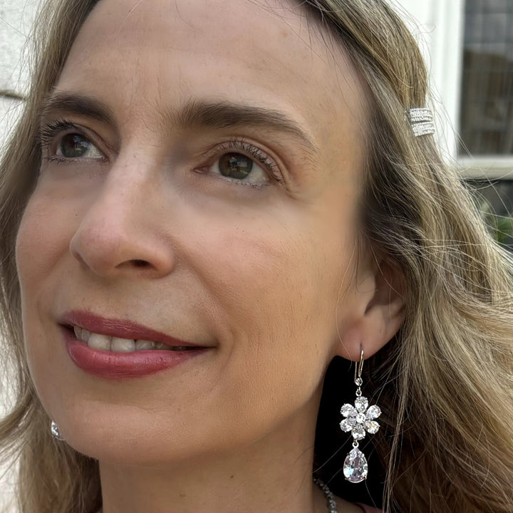 Crystal Drop Earrings Flower, Silver Drop Earrings, Crystal Earrings, Silver Flower Earrings, Flower Earrings, Silver Earrings