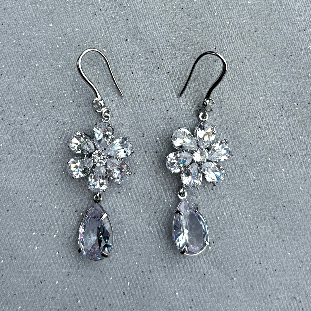 Crystal Drop Earrings Flower, Silver Drop Earrings, Crystal Earrings, Silver Flower Earrings, Flower Earrings, Silver Earrings