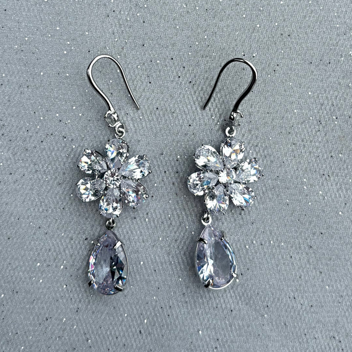 Crystal Drop Earrings Flower, Silver Drop Earrings, Crystal Earrings, Silver Flower Earrings, Flower Earrings, Silver Earrings