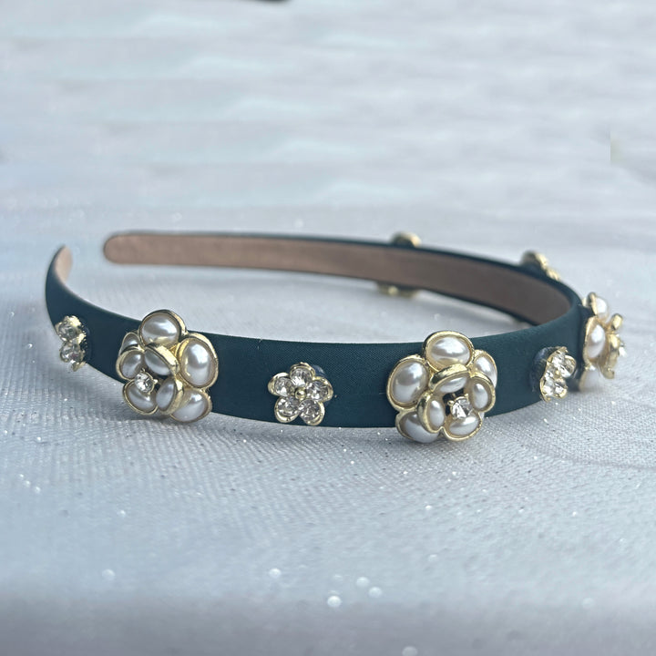 Dark Green Pearl Flower Slim Headband, Dark Green Pearl Headband, Pearl Slim Headband, Pearl Flower Headband, Statement Pearl Headband, Dark Green Thin Headband, Slim Pearl Headband