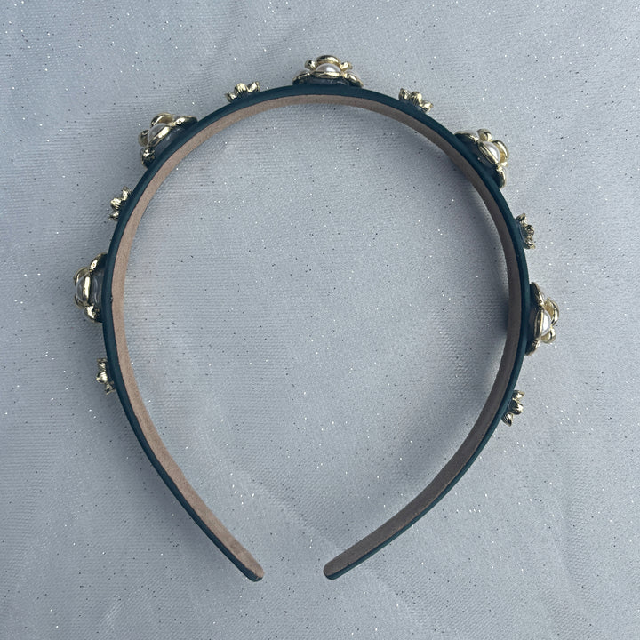 Dark Green Pearl Flower Slim Headband, Dark Green Pearl Headband, Pearl Slim Headband, Pearl Flower Headband, Statement Pearl Headband, Dark Green Thin Headband, Slim Pearl Headband
