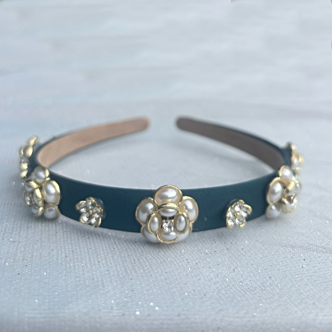 Dark Green Pearl Flower Slim Headband, Dark Green Pearl Headband, Pearl Slim Headband, Pearl Flower Headband, Statement Pearl Headband, Dark Green Thin Headband, Slim Pearl Headband