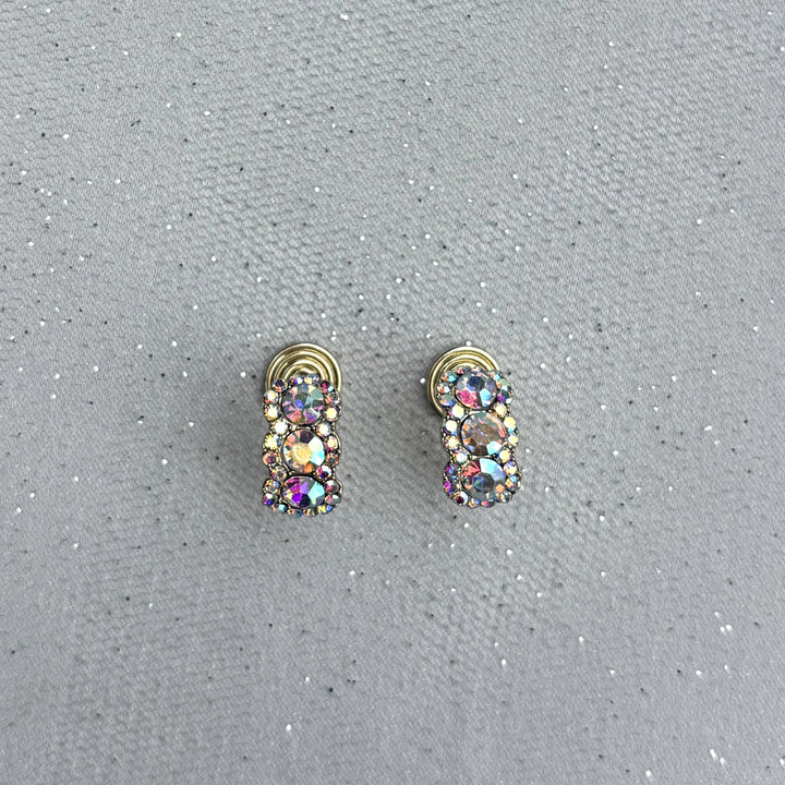 Diamante Clip On Earrings, Front View, Sparkly Clip On Earrings For Non Pierced Ears, Aurora Borealis Diamante Earrings, Vintage Style Statement Earrings, Glamorous Clip On Jewellery