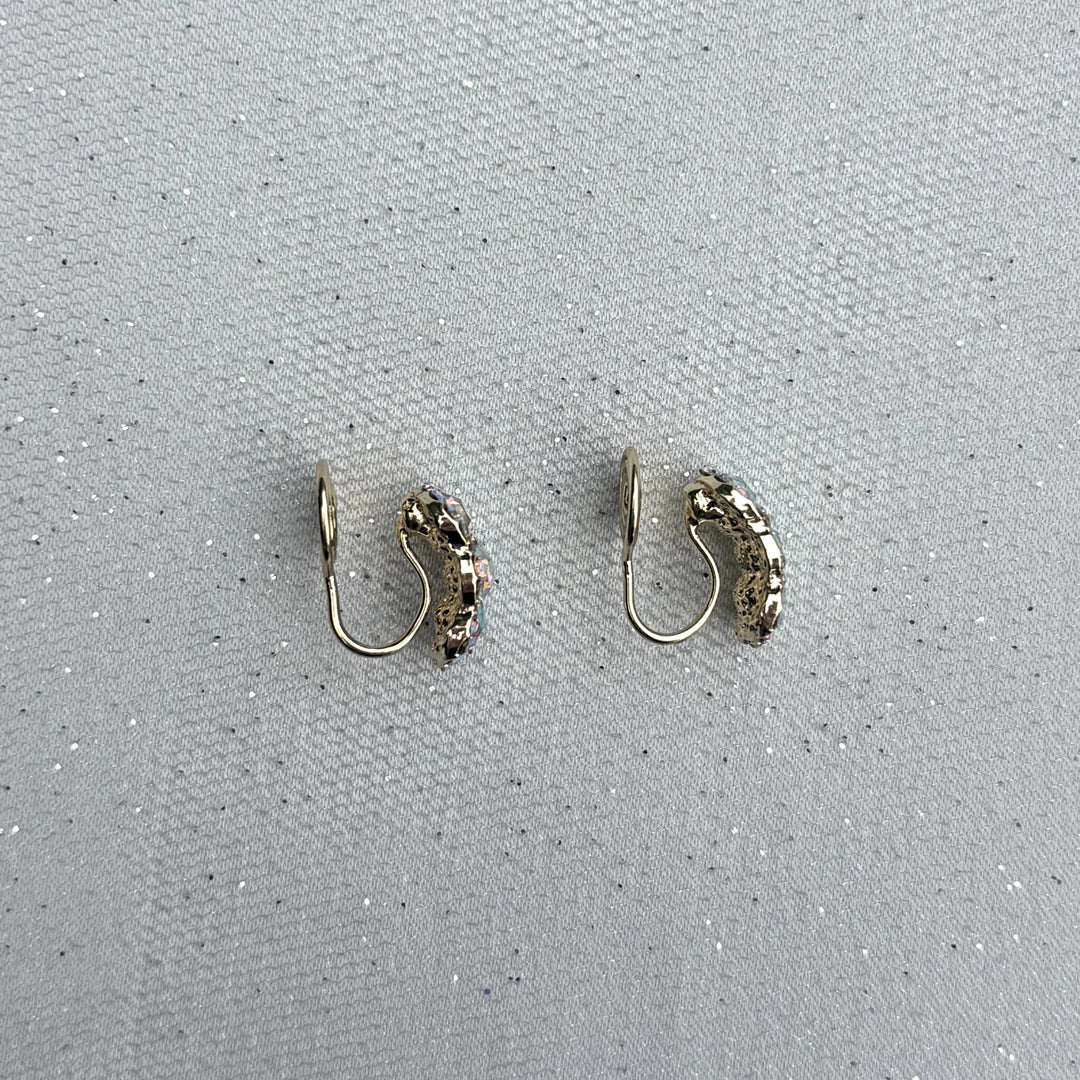 Diamante Clip On Earrings, Side View, Sparkly Clip On Earrings For Non Pierced Ears, Aurora Borealis Rhinestone Earrings, Vintage Style Glam Earrings, Comfortable Clip On Fastening