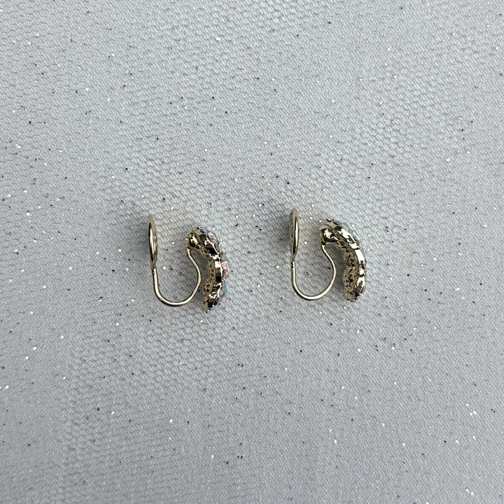 Diamante Clip On Earrings, Side View, Sparkly Clip On Earrings For Non Pierced Ears, Aurora Borealis Rhinestone Earrings, Vintage Style Glam Earrings, Comfortable Clip On Fastening