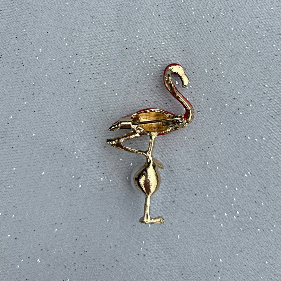 Flamingo Brooch in Enamel with Pearl