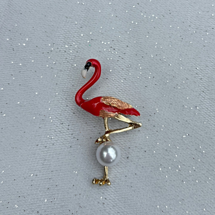 Flamingo Brooch in Enamel with Pearl