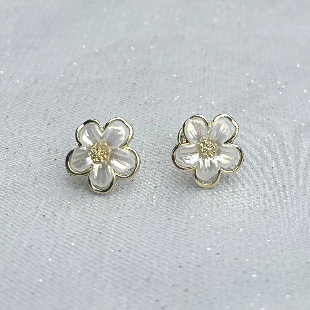 Flower Clip On Earrings, Front View, White Floral Clip On Earrings For Non Pierced Ears, Hand Painted Flower Earrings, Delicate Statement Earrings, Vintage Inspired Clip On Earrings