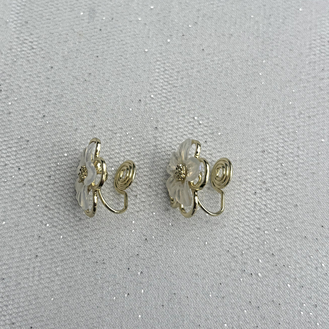 Flower Clip On Earrings, Side View, Floral Clip On Earrings For Non Pierced Ears, Statement Flower Earrings, Vintage Style Clip On Earrings, Elegant Floral Earrings