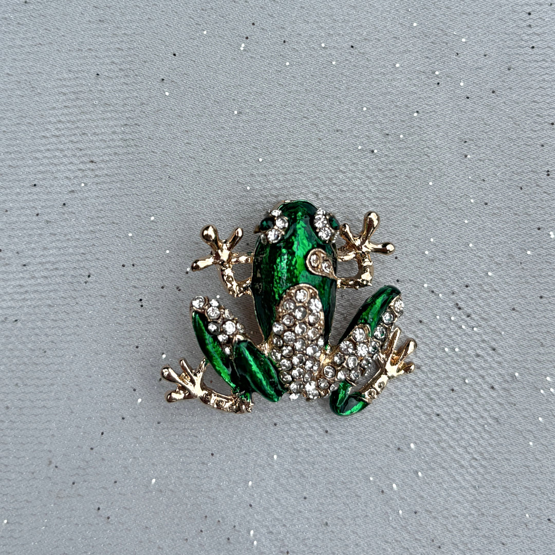 Frog brooch, gold tone metal, green enamel detailing, encrusted with clear crystals, sparkling animal jewellery, vintage inspired accessory, whimsical statement brooch, unique gift for her
