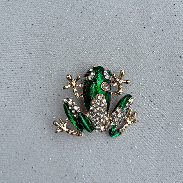 Frog brooch, gold tone metal, green enamel detailing, encrusted with clear crystals, sparkling animal jewellery, vintage inspired accessory, whimsical statement brooch, unique gift for her
