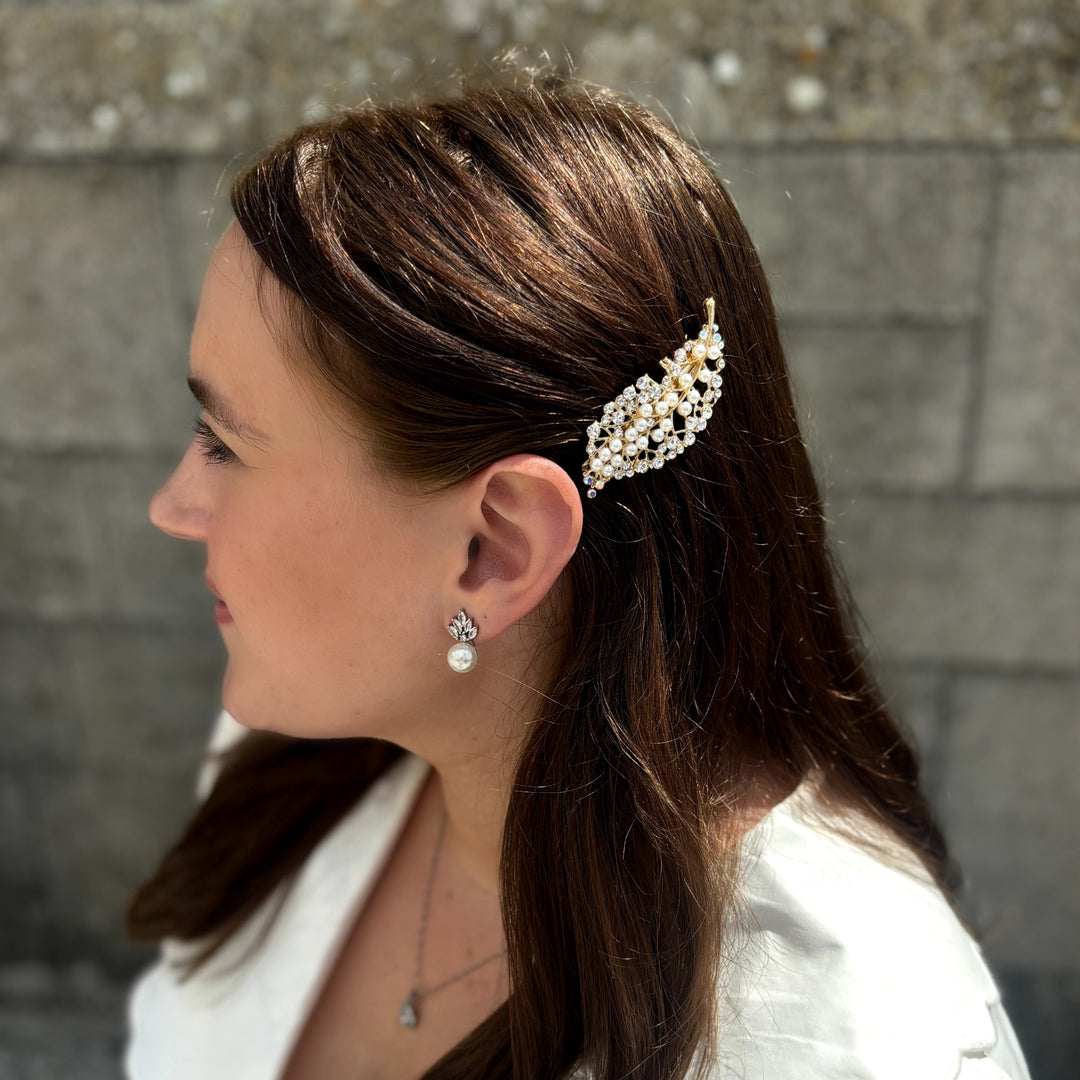 Gold Pearl Hair Clip Small, Worn View, Dainty Gold Hair Accessory With Pearls And Crystals, Elegant Bridal Hair Slide, Vintage Inspired Small Pearl Clip, Sparkly Hair Decoration
