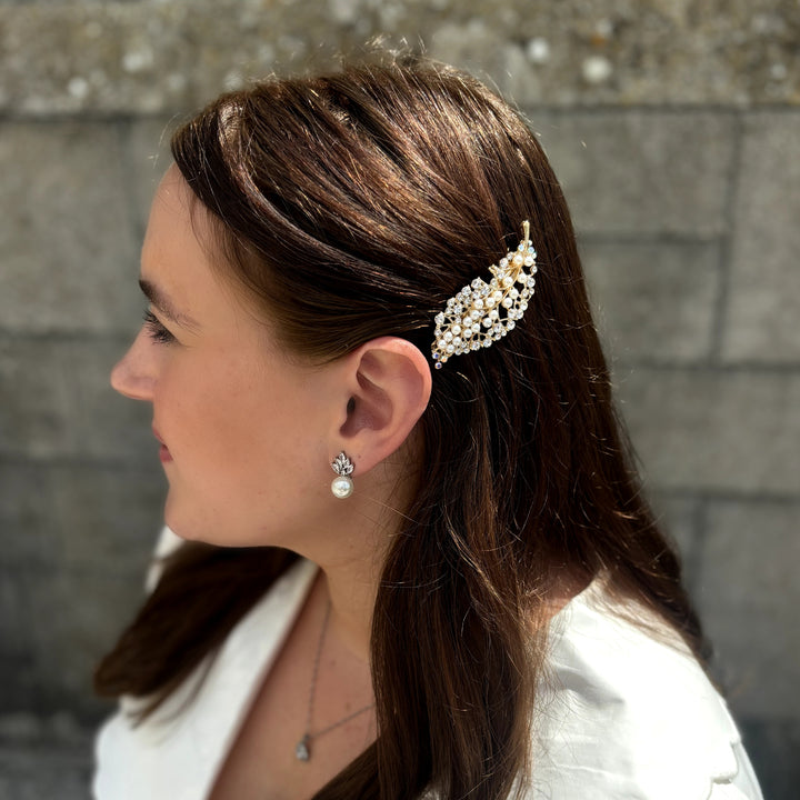 Gold Pearl Hair Clip Small, Worn View, Dainty Gold Hair Accessory With Pearls And Crystals, Elegant Bridal Hair Slide, Vintage Inspired Small Pearl Clip, Sparkly Hair Decoration

