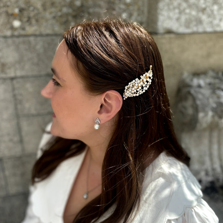 Gold Pearl Hair Clip Small, Elegant Hair Accessory With Pearls And Crystals, Dainty Gold Bridal Hair Clip, Vintage Inspired Pearl Hair Slide, Sparkly Gold Hair Decoration
