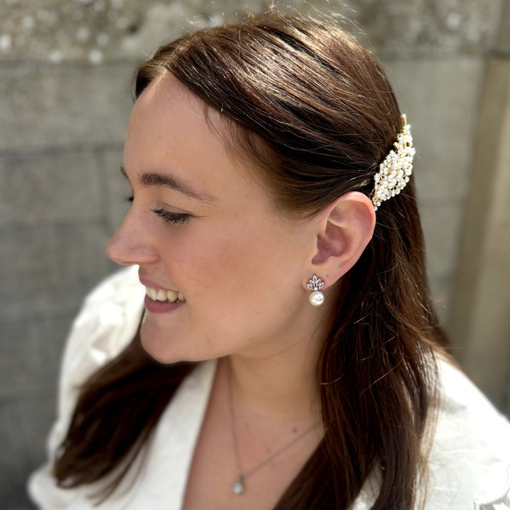 Gold Pearl Small Diamante Hair Clip, Worn View, Elegant Hair Accessory With Pearls And Crystals, Dainty Gold Hair Slide, Bridal Pearl Hair Clip, Sparkly Vintage Inspired Hair Decoration
